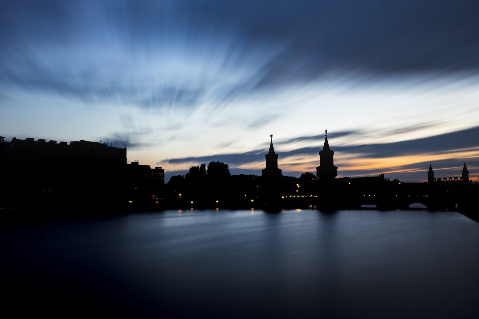 Night shot Berlin river, Oberbaum bridge